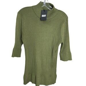 DKNY XL NEW Womens Moss Green Ribbed Mock Neck Elbow Sleeve Sweater